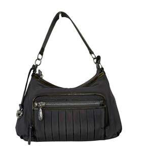 BRIGHTON Nylon GreyTaupe Crossbody Handbag Silver Hardware Crocodile Trim/Handle